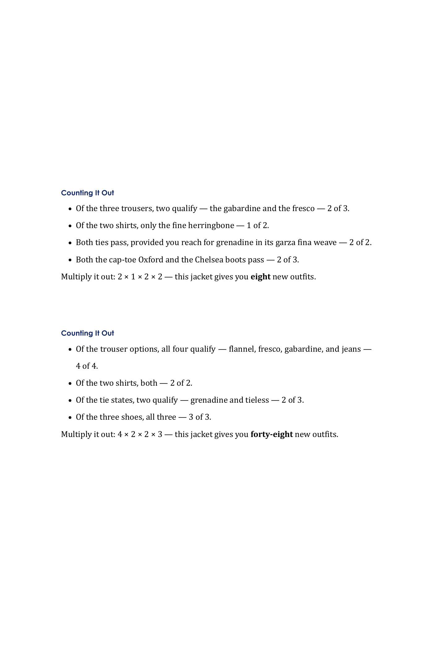 Two excerpts from Part V showing the outfit counts for two candidate jackets: eight new outfits for the first and forty-eight for the second.