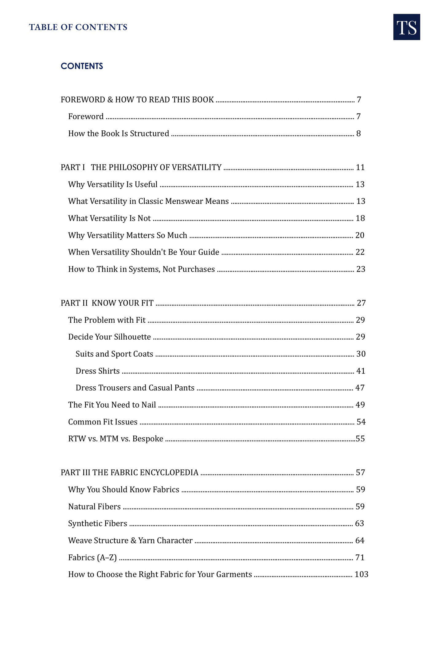 Table of contents, page 1 of 2, listing the parts and chapters of the book.